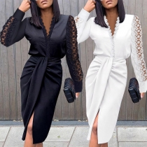 Sexy Lace Spliced Long Sleeve V-neck Slit Hem Slim Fit Dress