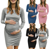 Simple Style Long Sleeve Round Neck Irregular Hem Maternity Dress