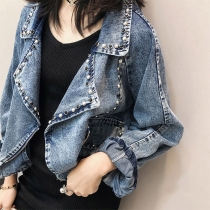 Fashion Long Sleeve Lapel Irregular Hem Slim Fit Denim Blazer Coat