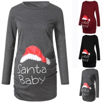 Cute Letters Christmas Hat Printed Long Sleeve Round Neck Maternity T-shirt Dress