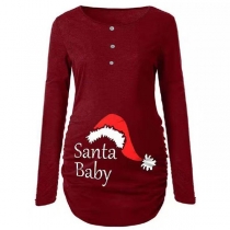 Cute Letters Christmas Hat Printed Long Sleeve Round Neck Maternity T-shirt Dress