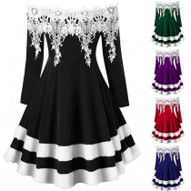 Sexy Lace Spliced Boat Neck Long Sleeve Contrast Color Dress