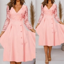 Sweet Style Lace Spliced Long Sleeve V-neck High Waist Slim Fit Dress