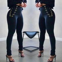 Fashion Keyhole Lace-up High Waist Solid Color Tight Pants