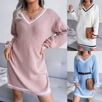 Fashion Contrast Color Long Sleeve V-neck Knit Sweater Dress