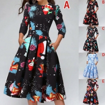 Fashion 3/4 Sleeveless Round Neck High Waist Christmas Printed Dress