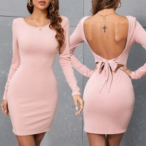 Sexy Lace-up Backless Long Sleeve Round Neck Solid Color Knit Dress