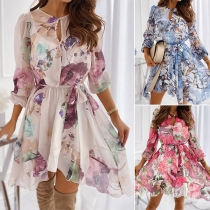Fashion Long Sleeve Round Neck Ruffle Hem Printed Chiffon Dress