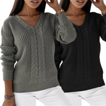 Fashion Solid Color Long Sleeve V-neck Knit Pullover Sweater