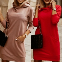 Casual Style Long Sleeve Hooded Solid Color Loose Sweatshirt Dress