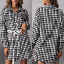 Fashion Long Sleeve POLO Collar Single-breasted Plaid Shirt Dress