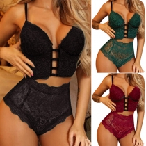 Sexy Lace-up High Waist See-through Lace Lingerie Set
