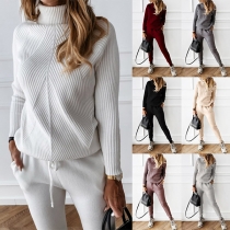 Fashion Solid Color Turtleneck Knit Sweater + Pants Two-piece Set