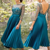 Sexy Backless 3/4 Sleeve Pleated Hem See-through Gauze Spliced Party Dress