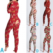 Sexy V-neck Long Sleeve Buff Flap Printed Home-wear Jumpsuit Pajamas