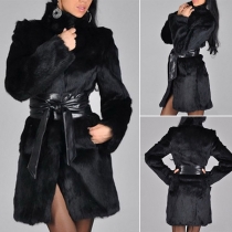 Fashion Solid Color Long Sleeve Stand Collar Faux Fur Coat