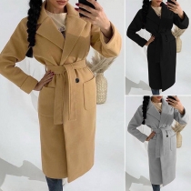 Fashion Solid Color Notched Lapel Double-breasted duffle Coat with Waist Strap
