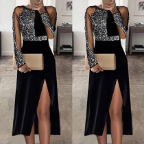 Sexy See-through Gauze Spliced Long Sleeve Slit Hem High Waist Sequin Dress