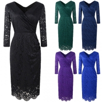 Elegant Solid Color 3/4 Sleeve V-neck High Waist Slim Fit Lace Dress