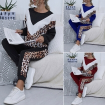 Casual Style Leopard Spliced Long Sleeve Round Neck Sweatshirt + Pants Two-piece Set