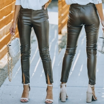 Fashion Solid Color High Waist Slit Leg Opening Slim Fit PU leather Pants