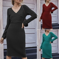 Sexy V-neck Long Sleeve High Waist Solid Color Slim Fit Dress