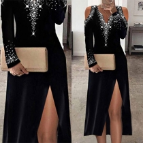 Sexy Off-shoulder Long Sleeve V-neck Slit Hem Rhinestone Spliced Party Dress