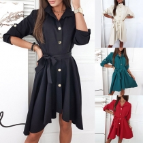 OL Style Long Sleeve POLO COllar Single-breasted Irregular Hem Shirt Dress