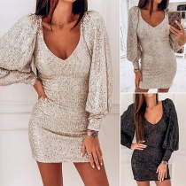 Sexy Lantern Sleeve V-neck Slim Fit Sequin Party Dress