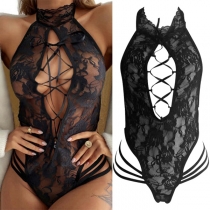 Sexy Hollow Out Lace-up See-through Lace Halter One-piece Lingerie