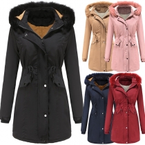 Fashion Solid Color Faux Fur Spliced Hooded Plush Lining Drawstring Waist Padded Coat