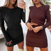 Sexy Hollow Out High Waist Long Sleeve Round Neck Solid Color Wrinkled Dress