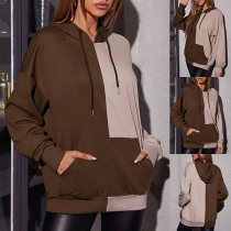 Casual Style Long Sleeve Hooded Contrast Color Loose Sweatshirt