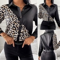 OL Style Long Sleeve POLO Collar Leopard Printed Shirt
