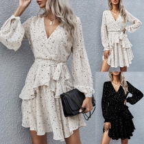 Sexy V-neck Long Sleeve Irregular Ruffle Hem Printed Dress