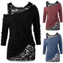 Sexy Off-shoulder Long Sleeve Knit Top + Sleeveless Lace Top Two-piece Set