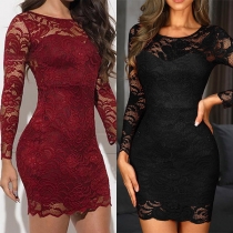 Sexy Lace Spliced Long Sleeve Round Neck Tight Lace Dress