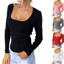 Simple Style Long Sleeve Square Collar Solid Color Slim Fit Knit Top