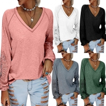 Fashion Solid Color Lace Spliced Lantern Sleeve V-neck Loose T-shirt