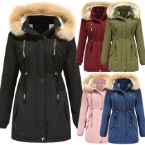 Fashion Faux Fur Spliced Hooded Drawstring Waist Solid Color Padded Coat