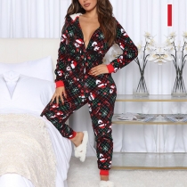 Cute Style Long Sleeve Hooded Christmas Printed Jumpsuit Pajamas