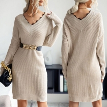 Fashion Lace Spliced V-neck Long Sleeve Solid Color Knit Dress