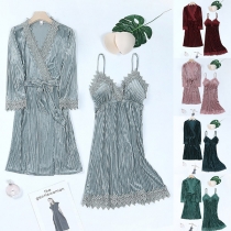 Sexy Backless V-neck Lace Spliced Sling Dress + Robe Nightwear Two-piece Set