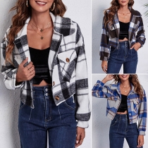 Fashion Lantern Sleeve POLO Collar Short-style Plaid Coat