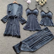 Sexy Lace Spliced Ling Top + Sling Dress + Pants + Long Sleeve Robe Nightwear Four-piece Set