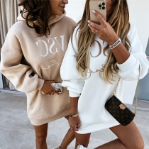Casual Style Long Sleeve Hooded Letters Printed Sweatshirt Dress