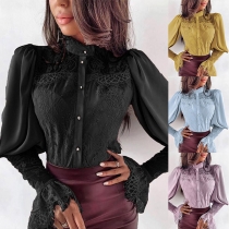 OL Style Lace Spliced Trumpet Sleeve Stand Collar Solid Color Top