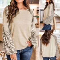 Fashion Leopard Spliced Lantern Sleeve Round Neck Loose Knit Top