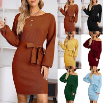 Fashion Solid Color Long Sleeve Round Neck Tie-belt Knit Dress