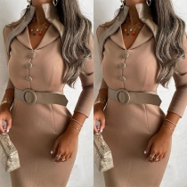 OL Style Long Sleeve Stand Collar Solid Color Slim Fit Dress